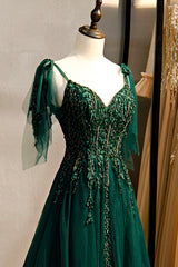 Wedding Flower, Green V-Neck Lace Long Prom Dress, A-Line Spaghetti Straps Evening Dress
