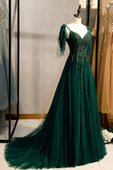Fall Wedding, Green V-Neck Lace Long Prom Dress, A-Line Spaghetti Straps Evening Dress