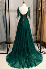 Prom Dress 2024, Green V-Neck Lace Long Prom Dress, A-Line Spaghetti Straps Evening Dress
