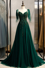 Wedding Theme, Green V-Neck Lace Long Prom Dress, A-Line Spaghetti Straps Evening Dress