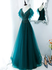 Homecoming Dresses Style, Green V Neck Sequin Beads Long Prom Dress, Green Formal Bridesmaid Dresses