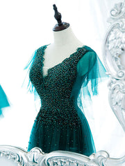 Homecoming Dresses Styles, Green V Neck Sequin Beads Long Prom Dress, Green Formal Bridesmaid Dresses