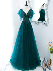 Homecoming Dress Style, Green V Neck Sequin Beads Long Prom Dress, Green Formal Bridesmaid Dresses