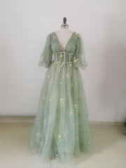 Tulle Dress, Green V Neck Tulle Lace Long Prom Dress, A Line Tulle Long Bridesmaid Dress