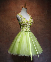 Prom Dressed 2027, Green V Neck Tulle Short Prom Dress, Green Homecoming Dress