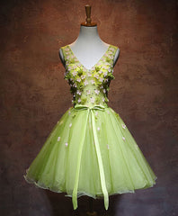 Prom Dresses Around Me, Green V Neck Tulle Short Prom Dress, Green Homecoming Dress