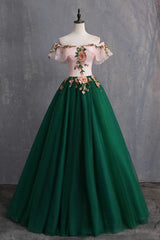 Prom Dresses For Curvy Figures, Green Off the Shoulder Floor Length Prom Dress with Appliques, Puffy Quinceanera Dress