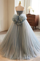 Homecoming Dress Fitted, Grey Bow Tie Straps 3D Flowers A-line Long Prom Dress with Bow