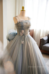 Homecoming Dresses Fitted, Grey Bow Tie Straps 3D Flowers A-line Long Prom Dress with Bow