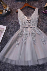 Satin Bridesmaid Dress, Grey Lace-up Tulle Short Homecoming Dress with Lace Appliques