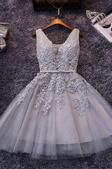 Off Shoulder Prom Dress, Grey Lace-up Tulle Short Homecoming Dress with Lace Appliques