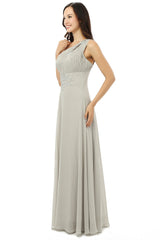 Party Dress Maxi, Grey One Shoulder Chiffon Pleats Beading Bridesmaid Dresses LG0254