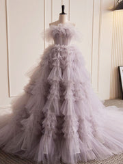 Bridesmaid Dresses Short, Grey Purple Tulle Long Prom Dresses, Grey Purple Evening Dress