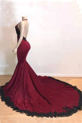 Prom Dresses Orange, Burgundy Halter Deep V Neck Mermaid Prom Dress with Lace, Long Evening Gown