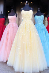Prom Dressed Ball Gown, A Line Tulle Yellow Spaghetti Straps Prom Dresses With Appliques Party Dresses