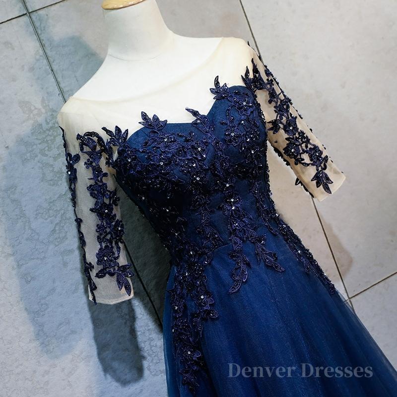 Bridesmaids Dress Style, Half Sleeves Navy Blue Long Lace Prom Dresses, Dark Navy Blue Long Lace Formal Bridesmaid Dresses