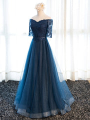 Prom Dress 2021, Half Sleeves Navy Blue Long Lace Prom Dresses, Navy Blue Lace Formal Bridesmaid Dresses
