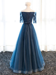 Prom Dresses2021, Half Sleeves Navy Blue Long Lace Prom Dresses, Navy Blue Lace Formal Bridesmaid Dresses