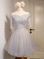 Prom Dress Types, Half Sleeves Short Gray/Blue Lace Prom Dresses, Short Gray/Blue Lace Homecoming Bridesmaid Dresses
