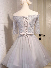 Prom Dress Type, Half Sleeves Short Gray/Blue Lace Prom Dresses, Short Gray/Blue Lace Homecoming Bridesmaid Dresses