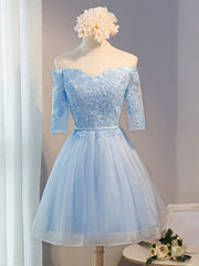 Prom Dress Classy, Half Sleeves Short Gray/Blue Lace Prom Dresses, Short Gray/Blue Lace Homecoming Bridesmaid Dresses