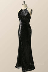 Prom Dress Shops Near Me, Halter Black Sequin Mermaid Long Formal Dress