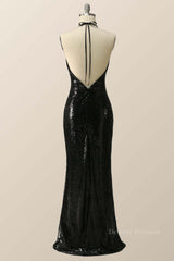Prom Dress Shop Near Me, Halter Black Sequin Mermaid Long Formal Dress