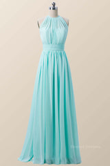 Formal Dress For Ladies, Halter Blue Chiffon Long Bridesmaid Dress
