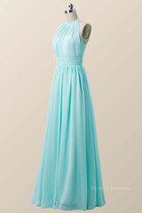 Formal Dressing For Ladies, Halter Blue Chiffon Long Bridesmaid Dress