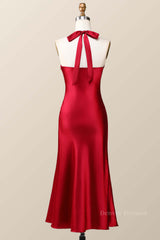 Evening Dress, Halter Cowl Neck Red Sheath Midi Dress