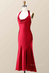 Corset Dress, Halter Cowl Neck Red Sheath Midi Dress