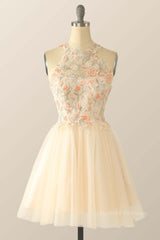Formal Dresses Vintage, Halter Floral Embroidered Champagne Tulle Homecoming Dress