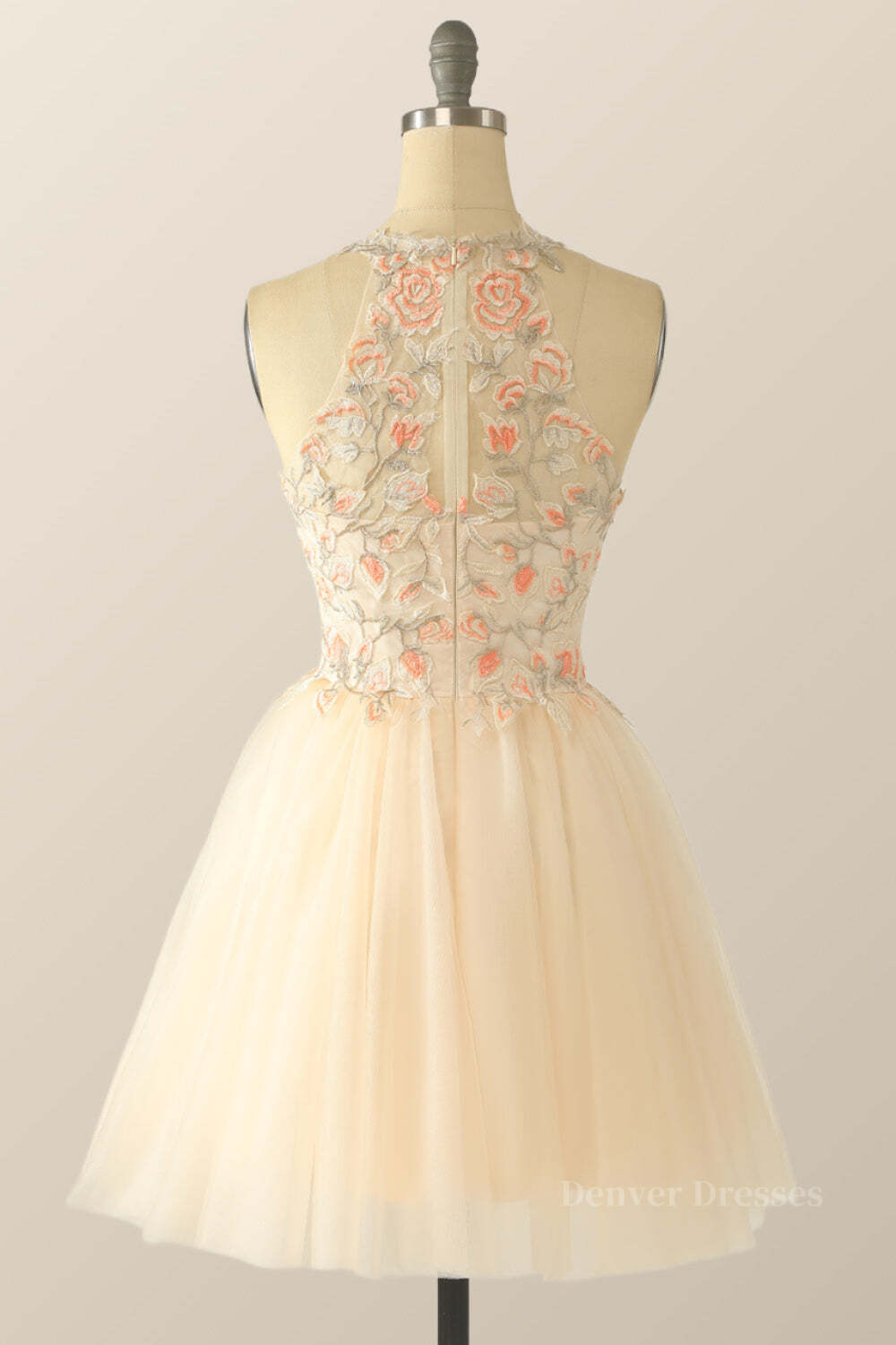 Formal Dresses 2059, Halter Floral Embroidered Champagne Tulle Homecoming Dress