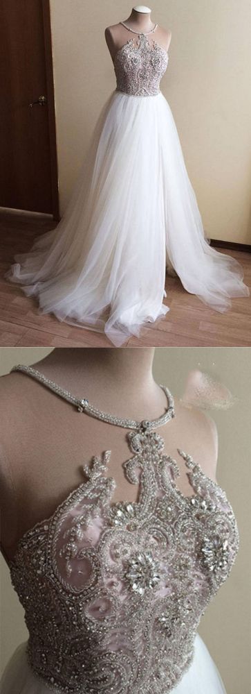 Wedding Dress Shops, Halter Illusion neck High split A line Tulle Princess Wedding Dress