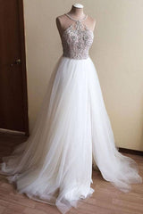 Wedding Dresses Trend, Halter Illusion neck High split A line Tulle Princess Wedding Dress