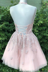 Sparklie Dress, Halter Lace-Up Back Short Pink Lace Homecoming Dress Cocktail