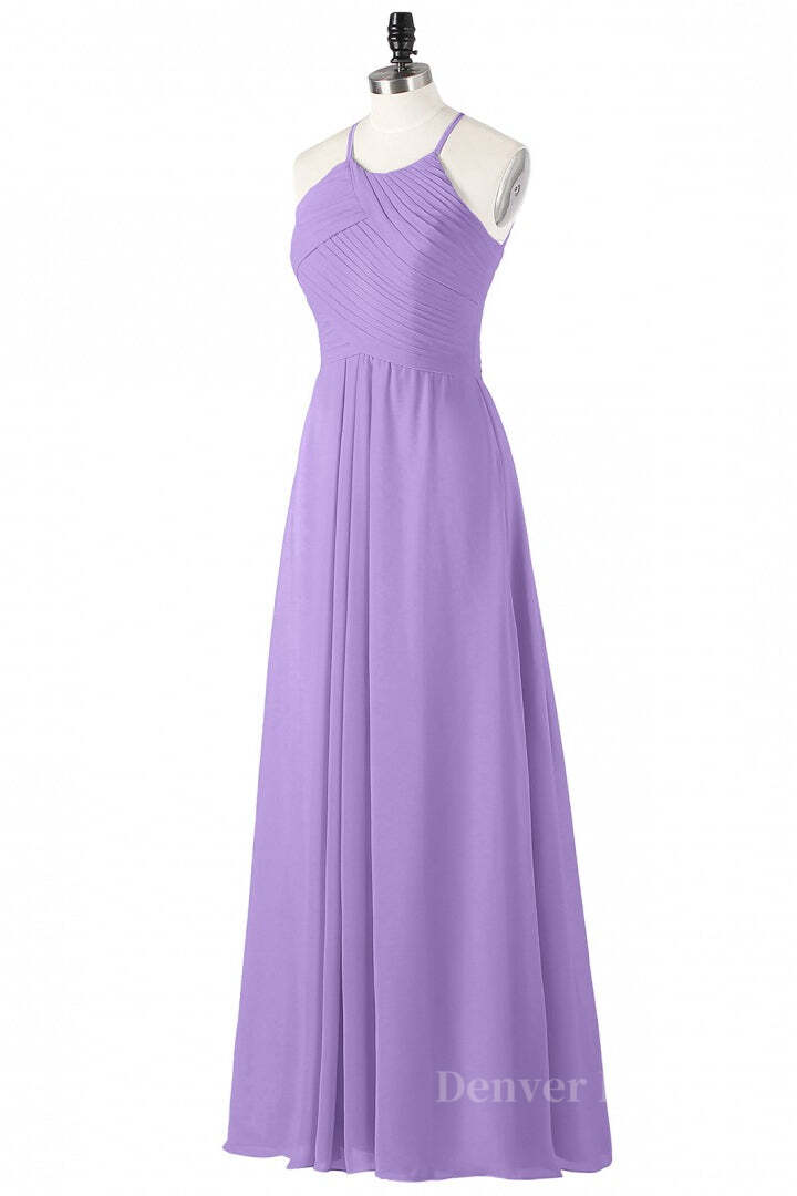 Evening Dress Knee Length, Halter Lavender Pleated Chiffon Long Bridesmaid Dress