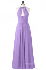 Evening Dresses Knee Length, Halter Lavender Pleated Chiffon Long Bridesmaid Dress