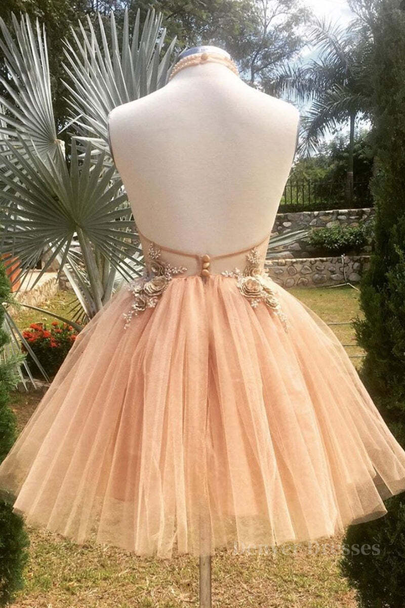 Party Dresses For Christmas Party, Halter Neck Backless Champagne 3D Floral Short Prom Dress, Backless Champagne Formal Graduation Homecoming Dress