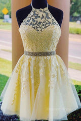 Party Dress Online Shopping, Halter Neck Backless Short Yellow Lace Prom Dress, Yellow Lace Formal Graduation Homecoming Dress