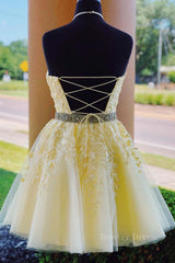 Party Dress Party Dress, Halter Neck Backless Short Yellow Lace Prom Dress, Yellow Lace Formal Graduation Homecoming Dress