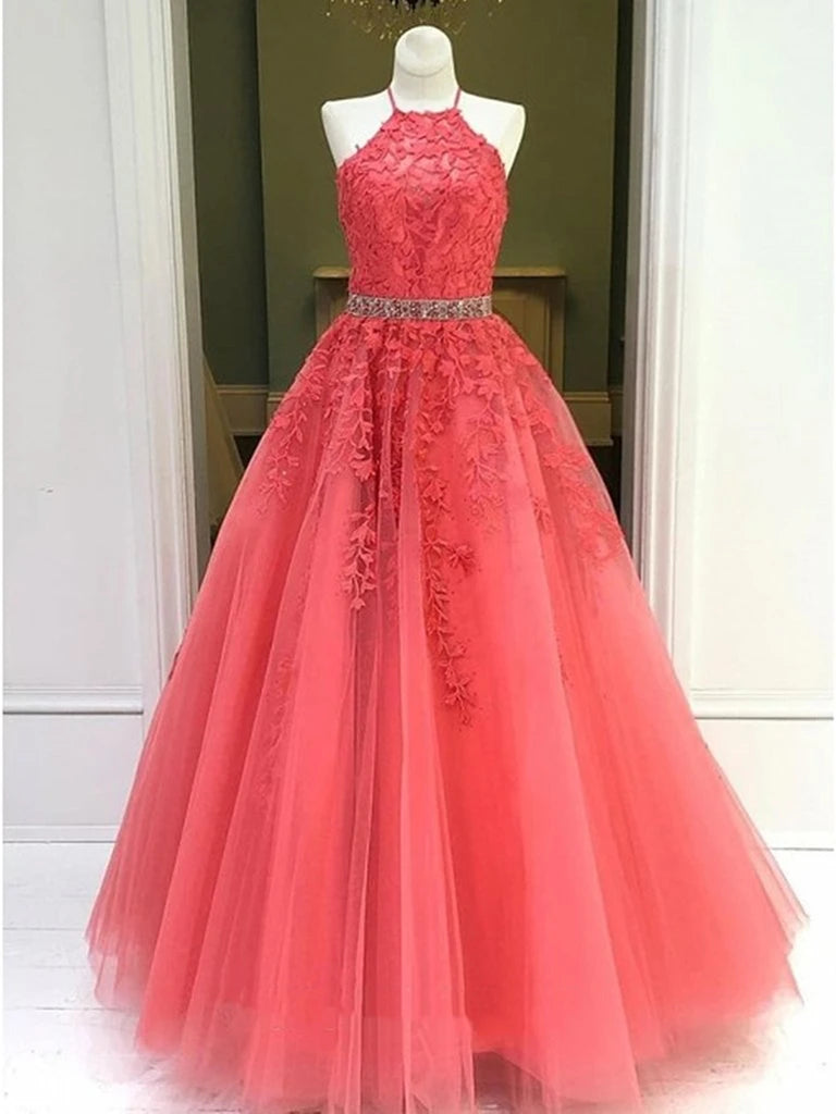 Bridesmaid Dress As Wedding Dress, Halter Neck Coral Lace Tulle Long Prom Dresses, Halter Neck Coral Lace Formal Evening Dresses