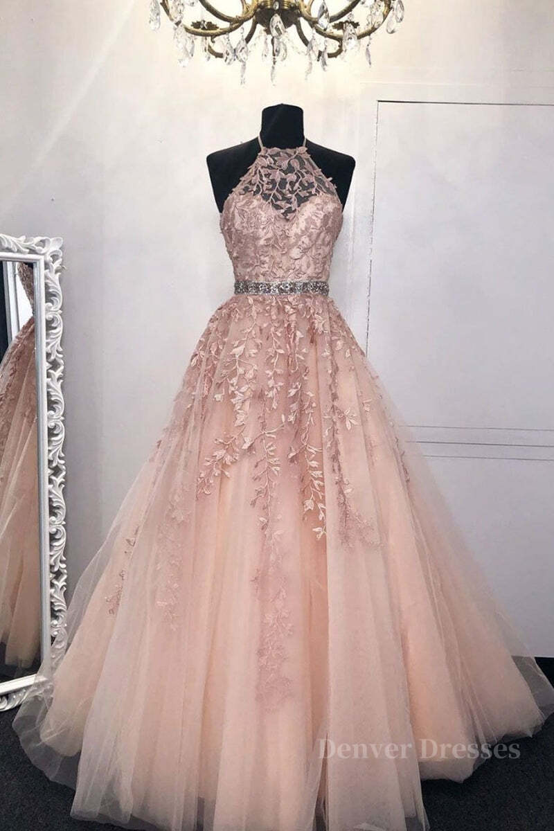 Prom Theme, Halter Neck Pink Lace Long Prom Dress with Belt, Pink Lace Formal Dress, Pink Evening Dress