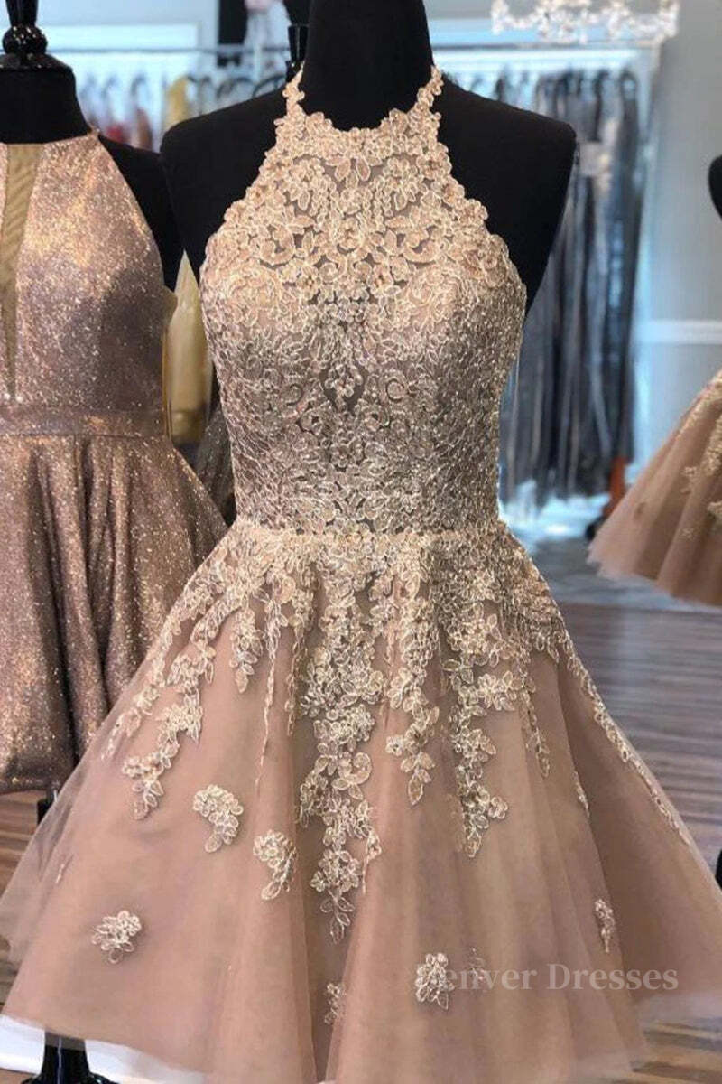 Party Dress Sale, Halter Neck Short Champagne Lace Prom Dress, Champagne Lace Formal Graduation Homecoming Dress