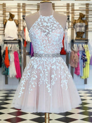 Prom Dresses 2024, Halter Neck Short Champagne Lace Prom Dresses, Halter Neck Short Champagne Lace Homecoming Dresses