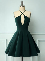 Party Dress Online, Halter Neck Short Dark Green Prom Dresses, Short Dark Green Formal Graduation Homecoming Dresses