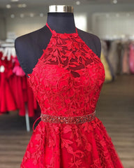 Party Dress Brands, Halter Neck Short Red Lace Prom Dresses, Short Red Lace Formal Homecoming Dresses