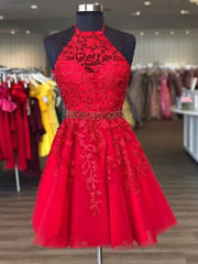 Party Dresses 2024, Halter Neck Short Red Lace Prom Dresses, Short Red Lace Formal Homecoming Dresses