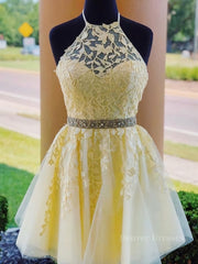 Prom Dressed Two Piece, Halter Neck Short Yellow Lace Prom Dressses, Backless Short Yellow Lace Formal Homecoming Dresses