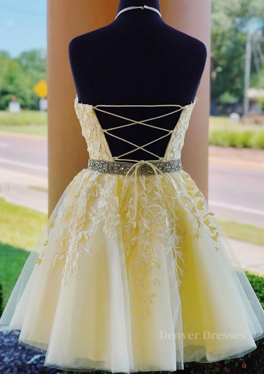 Prom Dress Two Pieces, Halter Neck Short Yellow Lace Prom Dressses, Backless Short Yellow Lace Formal Homecoming Dresses